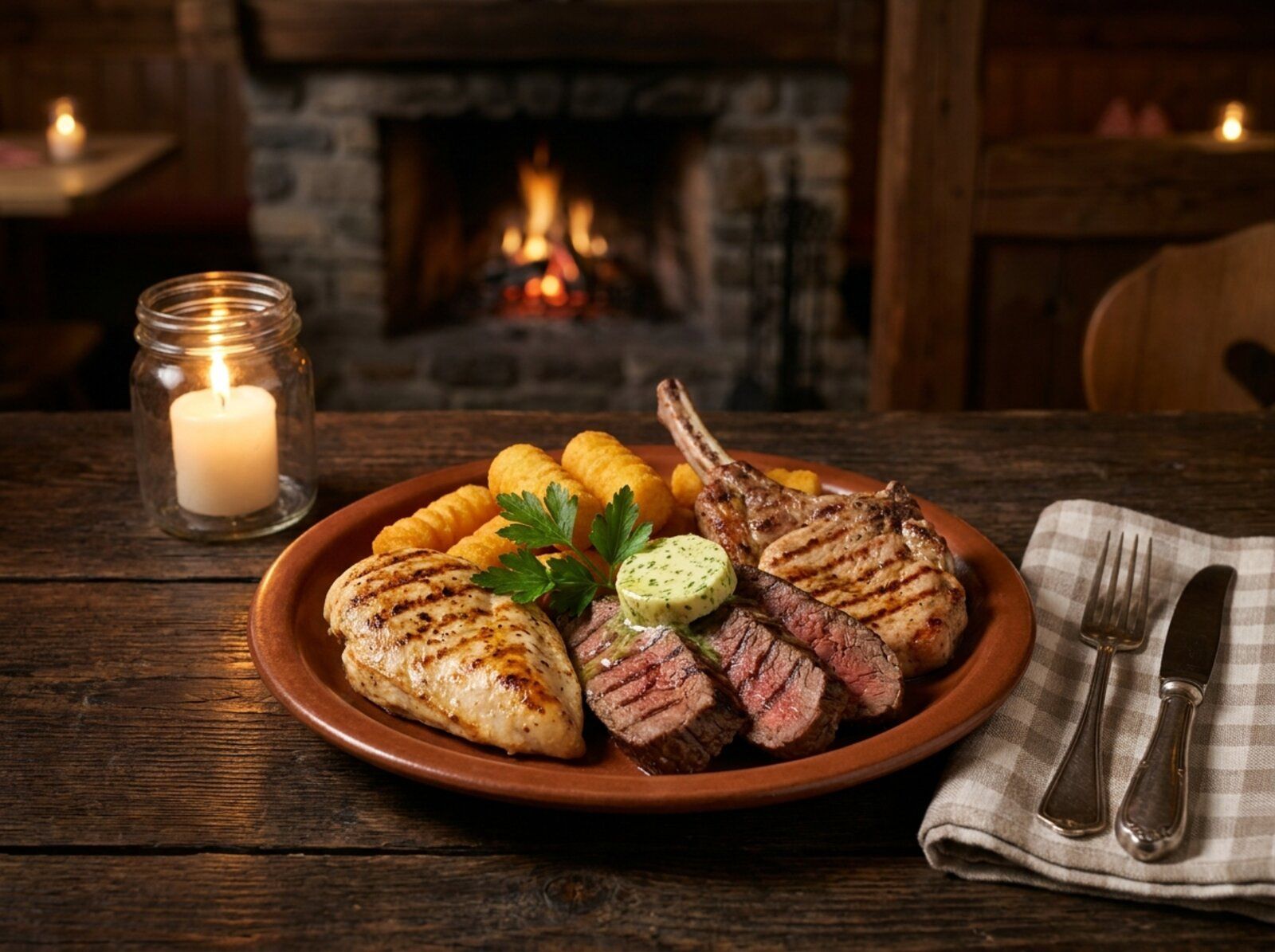 Gegrilltes Hühnerfilet, Rind und Schwein mit Kroketten und Kräuterbutter